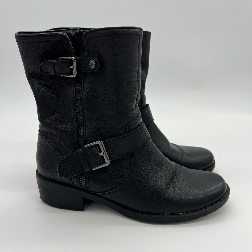 Anne Klein Akleyna Leather Buckle Combat Moto Style Ankle Boots Black Sise 6